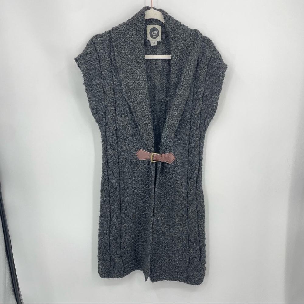 Glen Loch Sz M Sleeveless gray Marl Cardigan Long Chunky Knit 100% Wool buckle